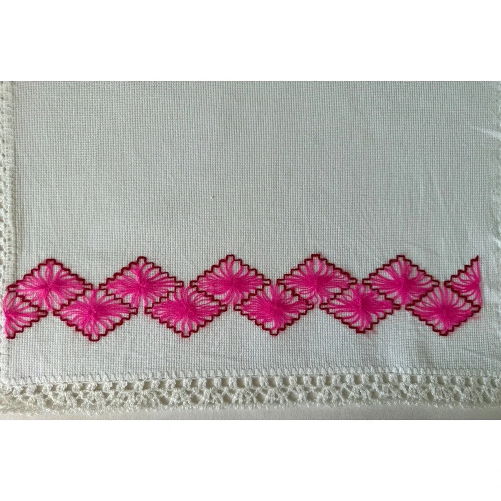 Handmade Mexican Embroidered Table Linen Crochet‎ Lace Pink Floral 16.5x18.5